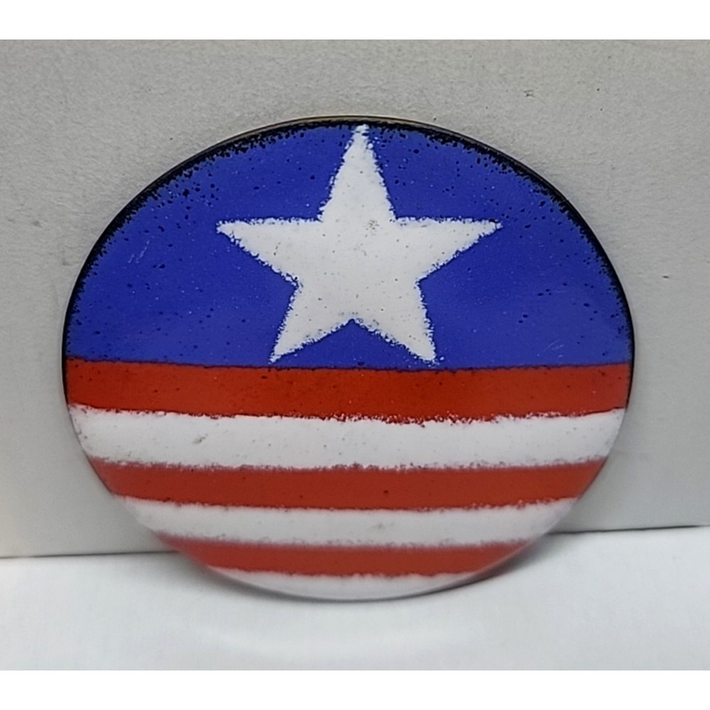 Handcrafted Round Disc Copper Enamel Art Red White Blue Stripes Patriotic 2.25"